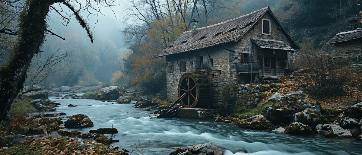 A watermill attached to an old house next to a river