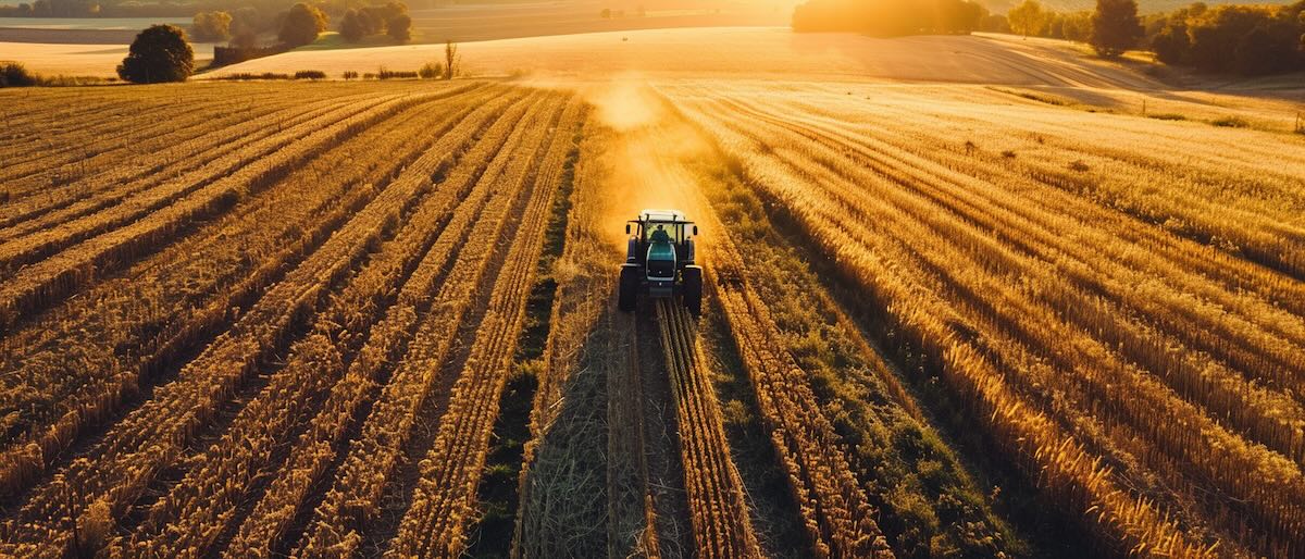 A tractor traveling through a field at sunset